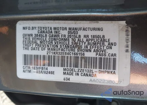 2004 Toyota Matrix Xr from USA, damaged, VIN 2T1KR32E84C166156